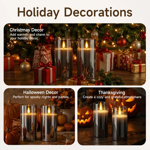 Miniatura 5 de Homemory Grey Glass Flameless Candles Battery Operated LED Pillar Candles with Remote and Timer, Real Wax Flickering Candles with 3D Wick for Home