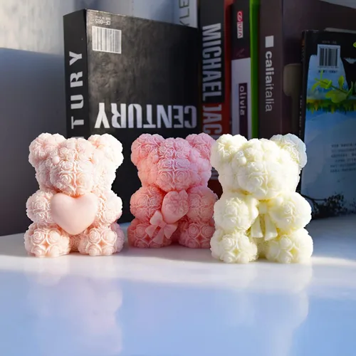 Miniatura 5 de Cestony Oso de rosas 3D de 4.4 x 3.93 pulgadas con pajarita, moldes de silicona para hacer velas, pilar de resina, velas de aromaterapia, cera