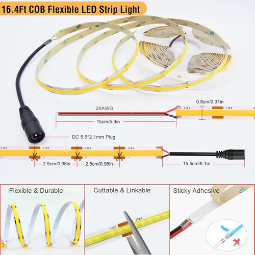 Miniatura 6 de Kit de tira de luces LED de mazorca blanca cálida regulable con control remoto RF y fuente de alimentación UL 12V 3000K CRI93+ sin puntos oscuros