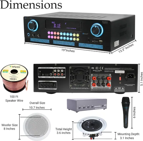 Miniatura 2 de Vaiyer Kit de sistema de cine en casa, amplificador Bluetooth de 2000 vatios con 6 altavoces de techo enmarcados de 8 pulgadas de 300 W cada uno
