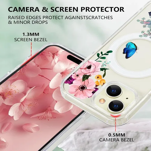 Miniatura 5 de Funda magnética de flores para iPhone 15 [compatible con MagSafe] Bonito patrón floral transparente a prueba de golpes