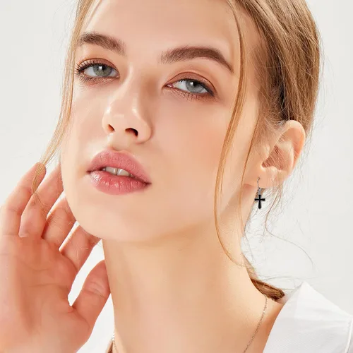 Miniatura 2 de Aretes de cruz de plata de ley 925 con cruz colgantes, regalos para mujer