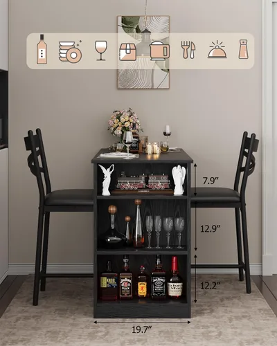 Miniatura 5 de Juego de mesa de bar y sillas Garvee, juego de mesa de bar de 3 piezas con extensión superior abatible y estantes de almacenamiento, juego de mesa