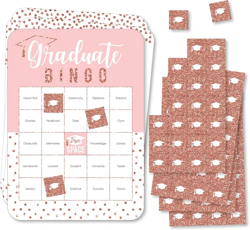 Big Dot of Happiness Grad de oro rosa - Tarjetas de bingo y marcadores - Juego de bingo en forma de fiesta de graduación - Juego de 18 Rose Gold