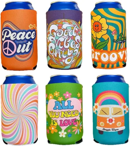 Coozies Temáticas de los Años 70 - Regalo Genial para Cualquier Disco - Material de Neopreno Premium - Paquete de 6 (Lata Estándar de