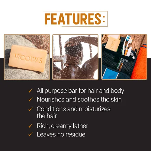 Miniatura 4 de Woody's Barra de champú 2 en 1 para hombre para cabello y cuerpo, fórmula rica y gruesa, acondiciona, nutre, hidrata, para todo tipo de piel, 8 onzas