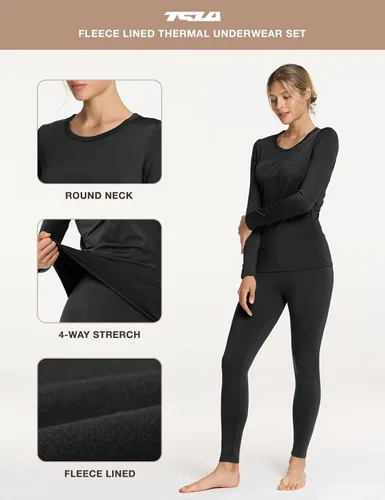 Miniatura 6 de TSLA Conjunto de ropa interior térmica para mujer, vellón suave, pantalones largos, primera capa cálida para invierno, parte superior e inferior