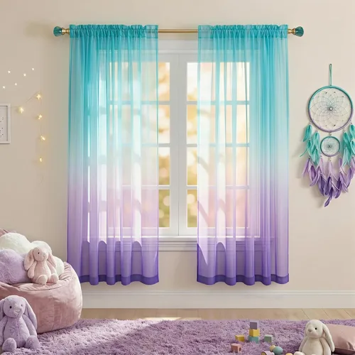 Miniatura 13 de Cortinas rosas y verdes para decoración de dormitorio de sirena, juego de 1 panel transparente, con bolsillo para barra, cortinas de sirena