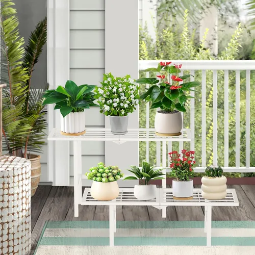 Miniatura 5 de Soporte de metal de 2 niveles para plantas para exteriores e interiores, estante plegable separado para plantas al aire libre, soporte de escalera