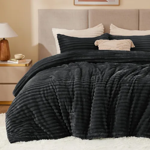 Miniatura 17 de BEDELITE - Juego de edredón de forro polar tamaño individual: ropa de cama supersuave y cálida en color beige, juego de cama de lujo esponjoso