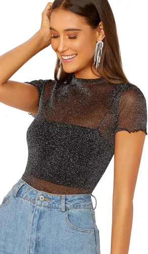 Miniatura 4 de SheIn - Blusa de manga corta con brillantina malla transparente y ribete de lechuga para mujer
