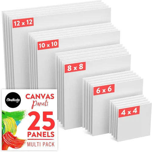 Chalkola Lienzos de pintura para pintar, paquete de 25 paneles cuadrados de lienzo – 4 x 4, 6 x 6, 8 x 8, 10 x 10, 12 x 12 pulgadas (5 cada uno) –