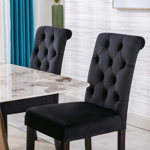 Miniatura 4 de Juego de 2 sillas de comedor de terciopelo tapizadas, modernas sillas decorativas copetudas, sillas laterales Parsons de madera para el hogar, negro