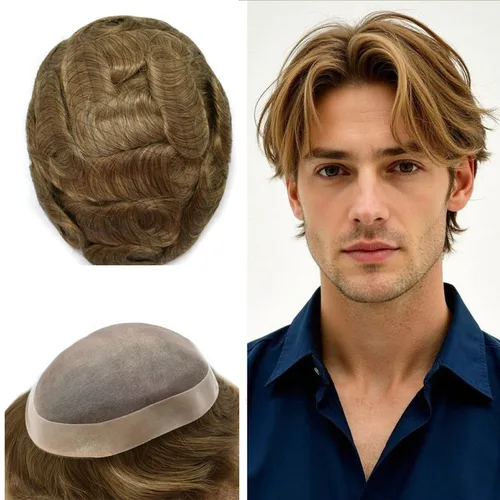 Fine Mono Men Hair System Mens Toupee Real Human Hair Pieces For Men's Toupee Hair System For Men Hair Piece Natural Hairline 6X8 densidad de luz