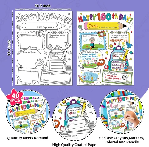 Miniatura 2 de Hedeey Póster para colorear con texto en inglés «Happy 100th Day of School» para niños, estudiantes, suministros para el aula