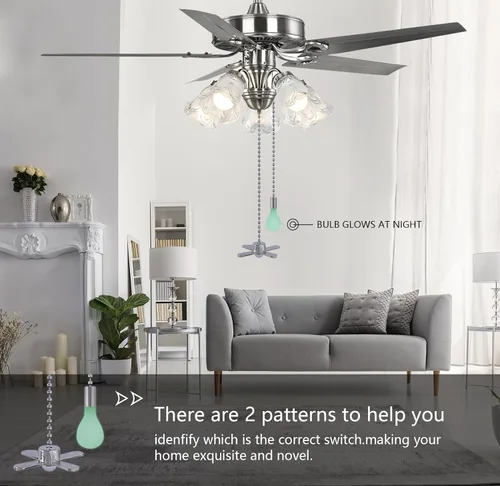 Miniatura 3 de Cadena de tirón para ventilador de techo plateado, juego de 2 piezas, extensión decorativa colgante fluorescente con cuentas de 3 mm de diámetro