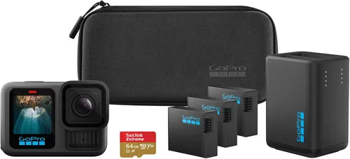 GoPro HERO13 Black Extended Power Bundle - Dual Charger, 3 Enduro Batteries, 1 Curved Adhesive Holder, 64GB MicroSD Card, Mounting Clip + Thumb