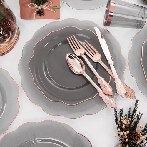 Miniatura 2 de BUCLA Platos de plástico negro transparente para 30 invitados con cubiertos y tazas de oro rosa, vajilla de plástico con borde de oro rosa ideal
