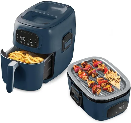 Dash Flip & Fry™ - Parrilla digital 2 en 1 y freidora de aire - Parrilla interior y freidora eléctrica - Cuenta con tecnología AirCrisp® y Azul
