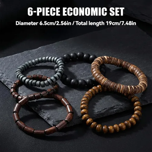 Miniatura 2 de TIESOME 6 pulseras de cuentas para hombre, cuentas de madera multicapa y pulseras de cuero trenzado, cordón elástico ajustable, estilo grunge