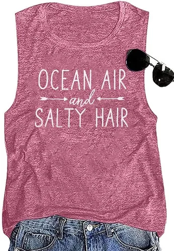 Camiseta sin mangas de playa para mujer, diseño de mar y aire salado, divertido crucero de verano, sin mangas, para vacaciones familiares