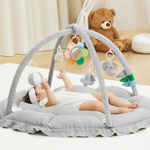 Miniatura 7 de ANGELBLISS Gimnasio de juego para bebé de 5 en 1, tapete reversible para tiempo de barriga con 5 juguetes sensoriales para el desarrollo basado