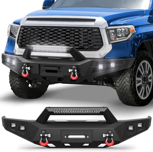 Miniatura 13 de Parachoques delantero Tundra para Tundra 2014-2021, parachoques de acero inoxidable texturizado negro con placa de grúa, barra de luz larga de 144W