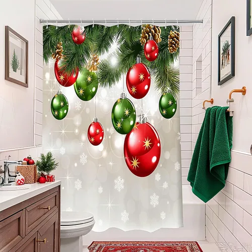 Miniatura 6 de BROSHAN Cortina de ducha de baño de Navidad, juego de cortinas de ducha de Navidad de tela con patrón de adornos verdes y rojos, decoración de baño