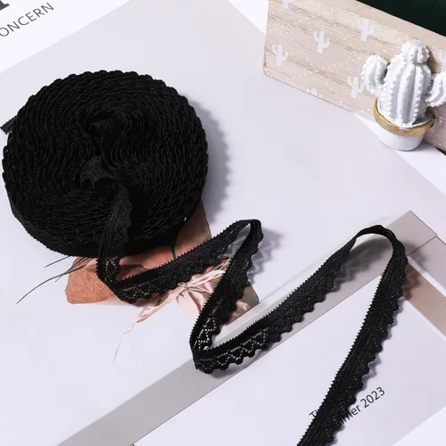 Miniatura 7 de Ribete de encaje negro de 10 yardas, cinta de encaje de ganchillo de 0.39 pulgadas para manualidades, cordones elásticos anchos para decoración