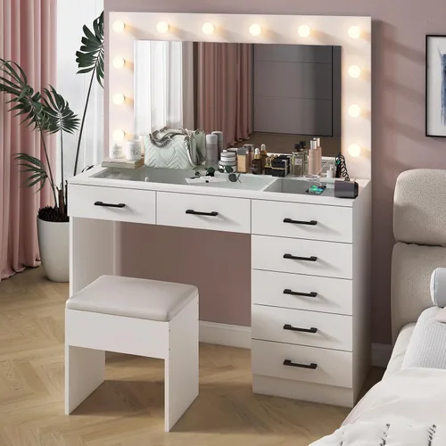 Miniatura 15 de VINGLI Tocador 3 en 1 con espejo deslizante iluminado LED y taburete acolchado sobre ruedas, pequeño tocador de maquillaje con 3 cajones y 2 Negro