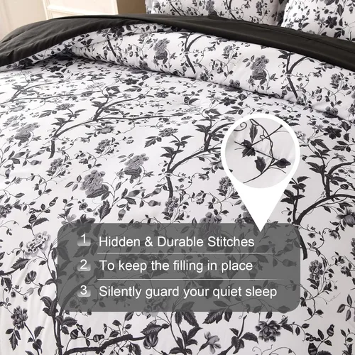Miniatura 4 de Juego de edredón para cama Queen, juego de cama de 7 piezas en una bolsa, de microfibra suave, patrón floral de hojas negras sobre blanco