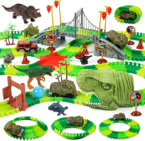 Juguetes de autos de carreras de dinosaurios - Juguetes de cumpleaños para niños y niñas de 3, 4, 5, 6, 7 años, juego de autos de pista de