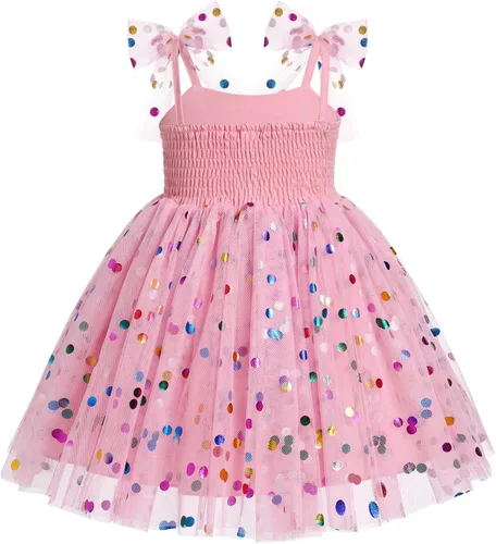 Miniatura 87 de IMEKIS Vestido de princesa de cumpleaños para niña pequeña, confeti brillante, bohemio, arco iris, pastel, sesión de fotos, traje para 1-6T