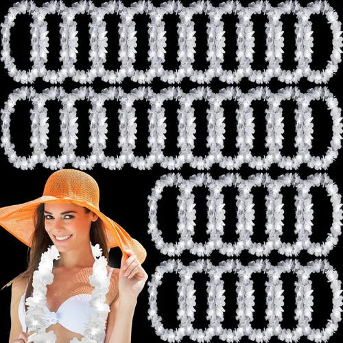 Miniatura 7 de Sherr 24 piezas Collares de leis LED iluminados, collares de flores hawaianas con luces LED para bodas, playa, tropical, carnaval, suministros