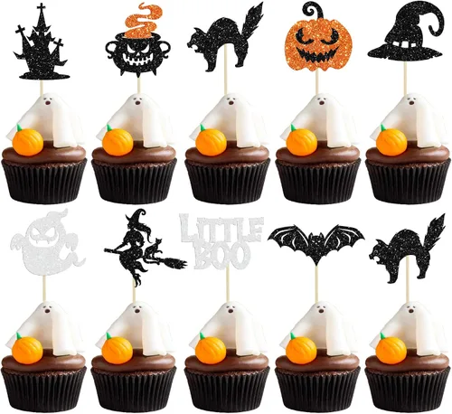 Miniatura 17 de Gyufise 24 adornos para cupcakes de Halloween con calabaza, fantasma, purpurina negra, decoraciones para cupcakes para niños, decoración de fiesta