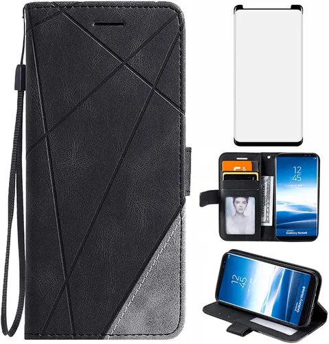Asuwish Compatible con Samsung Galaxy Note 8 - Funda tipo cartera y protector de pantalla de vidrio templado, soporte de cuero con tapa para