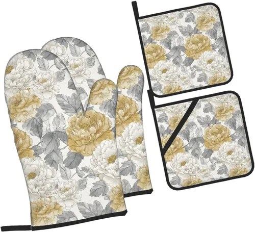 Miniatura 19 de Manoplas de horno y soportes para ollas, arte de mármol blanco y dorado, juego de 4 guantes de cocina resistentes al calor, antideslizantes
