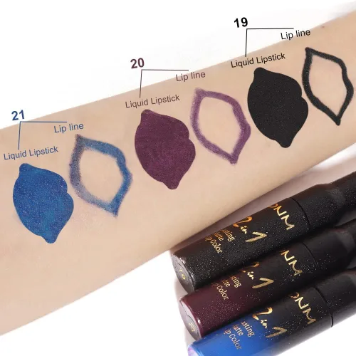 Miniatura 3 de 3 piezas 2 en 1 Set de delineador y lápiz labial líquido de color negro oscuro, púrpura y azul real para mujeres, tinte labial de larga duración, a