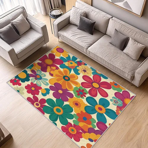 Alfombra retro floral de 2 x 3 pulgadas, lavable de los años 60 y 70, alfombras hippie para entrada, dormitorio, cocina, alfombra de área de flores