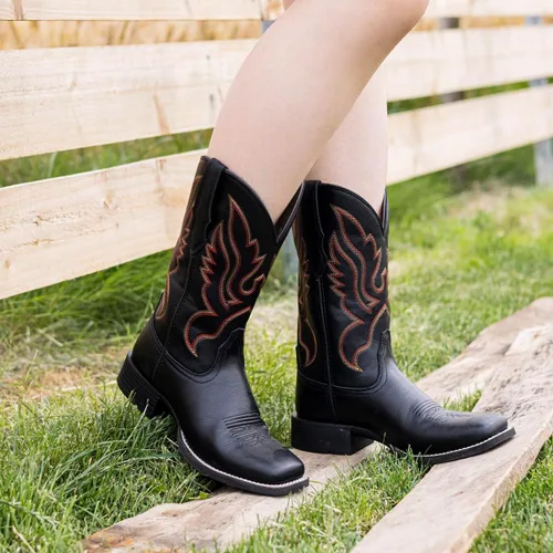 Miniatura 3 de Palitutu Botas vaqueras para mujer a media pantorrilla, botas vaqueras de cuero para mujer, botas de punta con bordado occidental