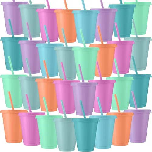 Miniatura 24 de Sieral Paquete de 60 vasos con tapas y pajillas, vasos para niños con pajilla, botella de agua reutilizable, taza de viaje para café helado, vasos