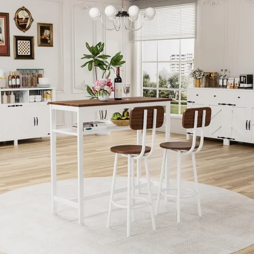 Miniatura 7 de LUMISOL Juego de mesa de barra de 3 piezas con almacenamiento para 2, moderno juego de mesa de comedor de metal con 2 taburetes, ahorra espacio