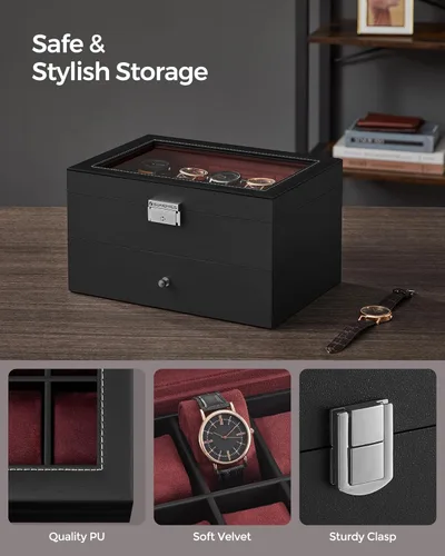 Miniatura 3 de SONGMICS Caja de reloj de 20 ranuras, caja de reloj con tapa de vidrio, 2 capas, vitrina de reloj con cerradura, cuero sintético negro, forro rojo