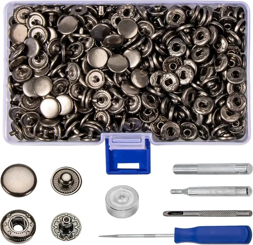 Juego de 120 cierres de cuero negro de 0.492 in, broches de metal resistentes con herramienta de instalación para cuero, ropa, jeans, bolsas