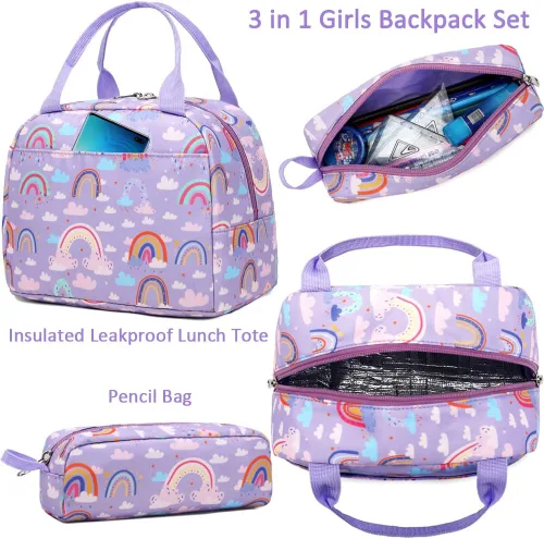 Miniatura 102 de Juego de mochila para niñas y adolescentes, mochila escolar para niños con bolsa para el almuerzo, estuche para lápices, mochilas escolares