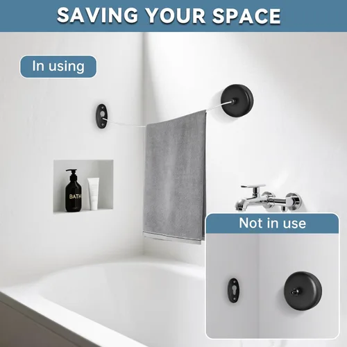 Miniatura 4 de SUS304 Tendedero retráctil con cuerda de ropa de nylon ajustable para cuarto de baño Lavandería Hoteles (negro)