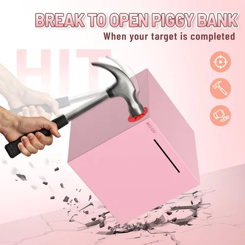 Miniatura 4 de hizgo alcancía rosa para adultos, alcancía de acero inoxidable para adultos/niños que debe romperse para abrirse, caja de ahorro de dinero