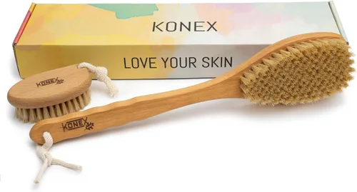 KONEX Juego de cepillos de baño, exfoliante de ducha, juego de cepillos corporales de cepillado en seco, apertura de poros, mango de madera de haya