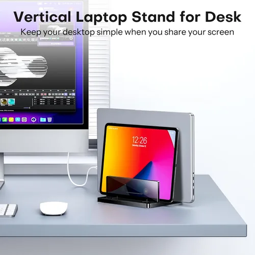 Miniatura 8 de OMOTON Soporte vertical para laptop para escritorio, soporte de acrílico para computadora portátil transparente ajustable para MacBook Pro Air, HP