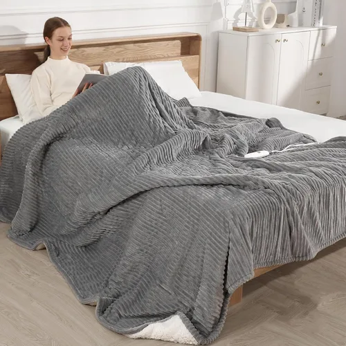 Miniatura 20 de Manta térmica eléctrica de 50 x 60 pulgadas, franela a rayas y sherpa más gruesa, 5 ajustes de calor y apagado automático de 4 horas